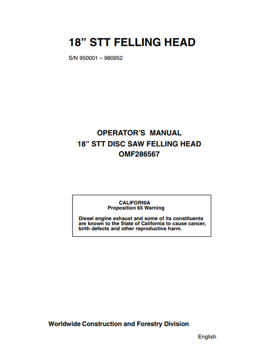 JOHN DEERE 18 STT DISC SAW FELLING HEAD OPERATOR MANUAL OMF286567