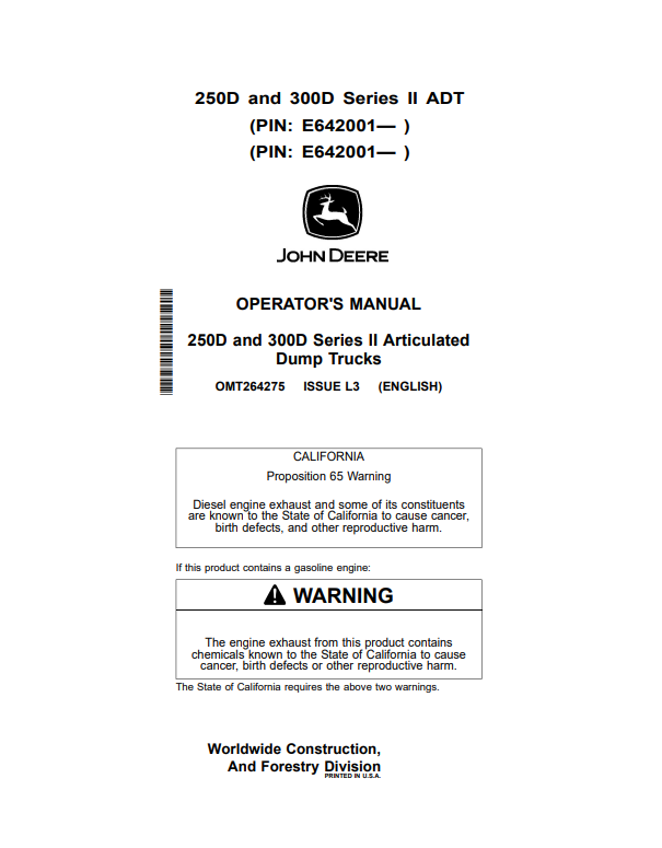 JOHN DEERE 250D AND 300D SERIES II ARTICULATED DUMP TRUCK OPERATOR MANUAL OMT264275