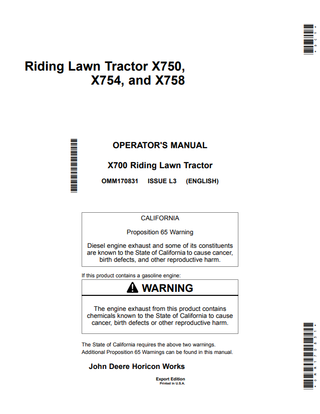 JOHN DEERE X750, X754 AND X758 TRACTOR OPERATOR MANUAL OMM170831