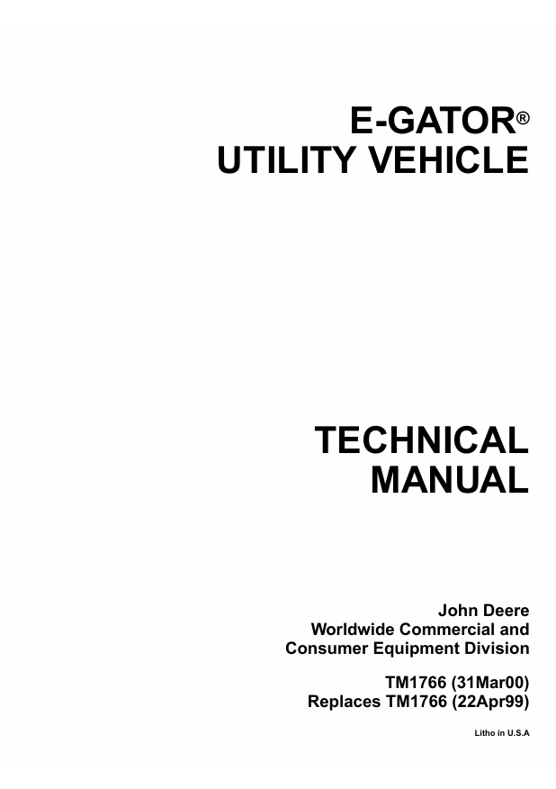 JOHN DEERE E-GATOR UTILITY VEHICLE TECHNICAL MANUAL TM1766