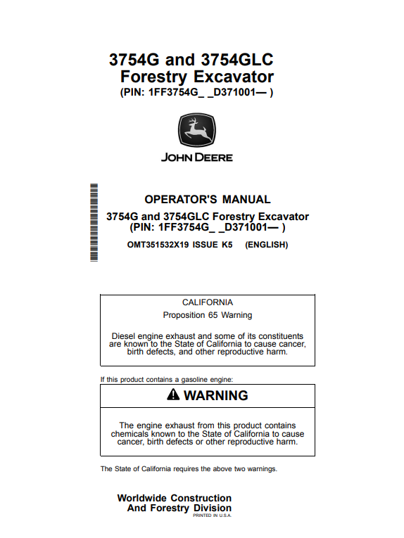 JOHN DEERE 3754G AND 3754GLC FORESTRY EXCAVATOR OPERATOR MANUAL OMT351532X19