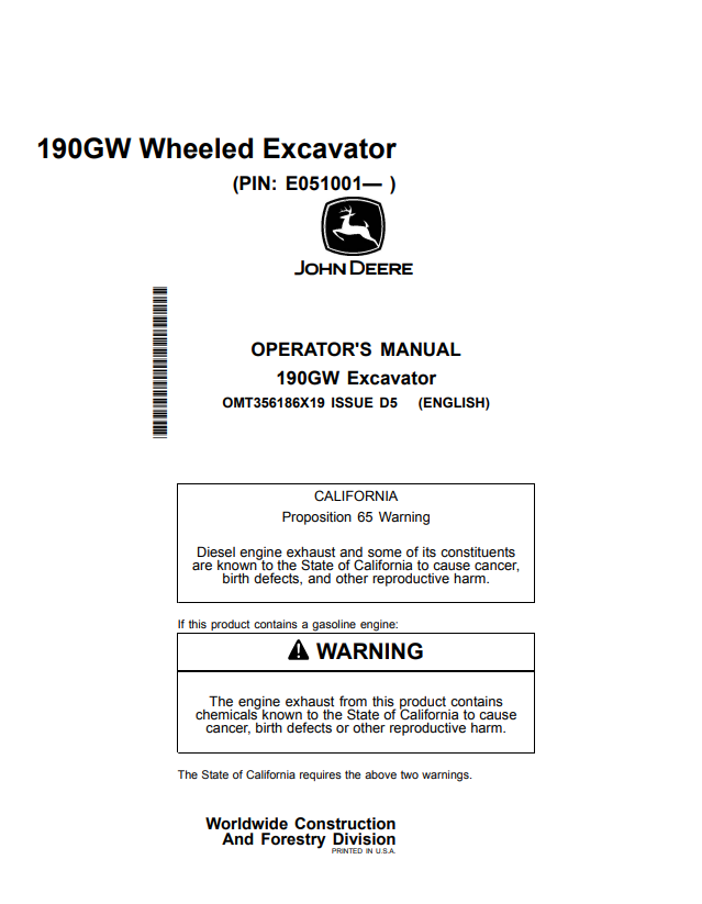 JOHN DEERE 190GW EXCAVATOR OPERATOR MANUAL OMT356186X19