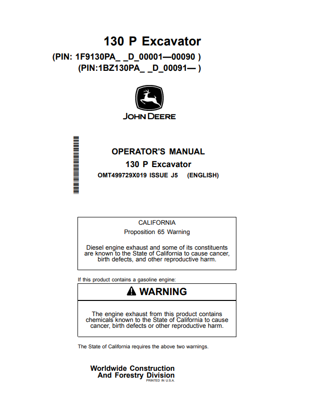 JOHN DEERE 130 P EXCAVATOR OPERATOR MANUAL OMT499729X019