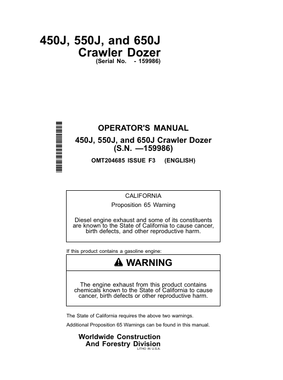 JOHN DEERE 450J, 550J, AND 650J CRAWLER DOZER OPERATOR MANUAL OMT204685