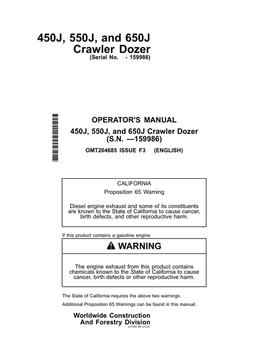 JOHN DEERE 450J, 550J, AND 650J CRAWLER DOZER OPERATOR MANUAL OMT204685