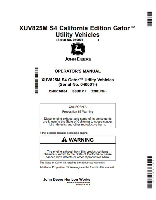 JOHN DEERE XUV825M S4 CALIFORNIA EDITION GATOR™ UTILITY VEHICLES OPERATOR MANUAL OMUC26684