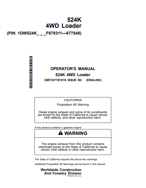 JOHN DEERE 524K 4WD LOADER OPERATOR MANUAL OMT337787X19