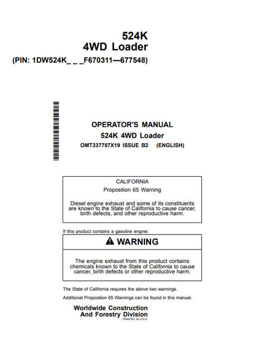 JOHN DEERE 524K 4WD LOADER OPERATOR MANUAL OMT337787X19