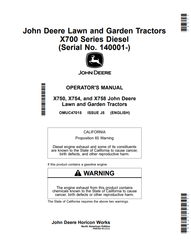 JOHN DEERE X750, X754, AND X758 LAWN AND GARDEN TRACTOR X700 SERIES DIESEL OPERATOR MANUAL OMUC47015