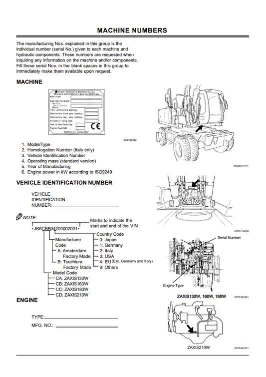 HITACHI ZAXIS 130W, 160W, 180W, 210W EXCAVATOR OPERATOR MANUAL EMCBBEN21