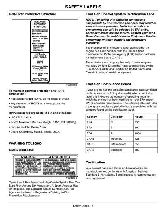 JOHN DEERE Z830A, Z850A, Z810A, Z820A, Z840A, Z860A Z-TRAK™ PRO SERIES OPERATOR MANUAL OMTCU26008