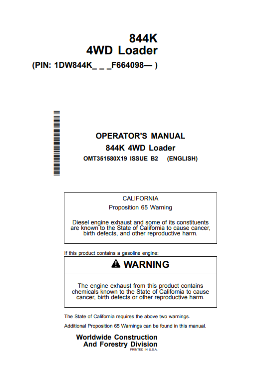 JOHN DEERE 844K 4WD LOADER OPERATOR MANUAL OMT351580X19