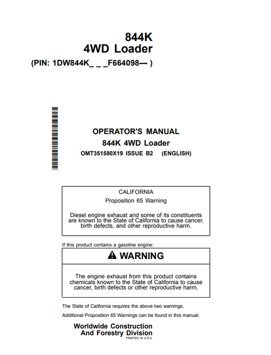 JOHN DEERE 844K 4WD LOADER OPERATOR MANUAL OMT351580X19