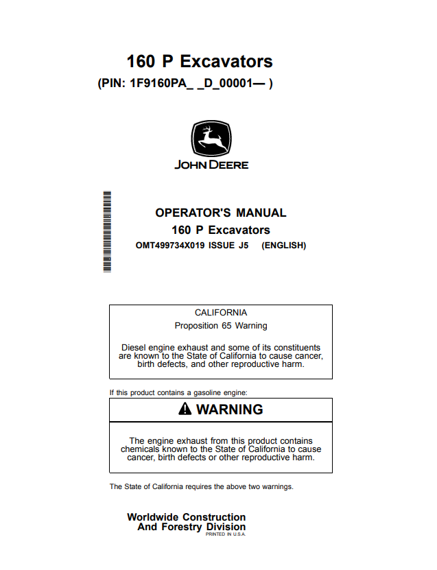 JOHN DEERE 160 P EXCAVATOR OPERATOR MANUAL OMT499734X019