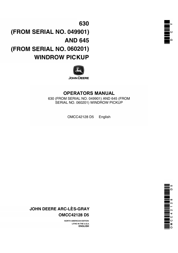 JOHN DEERE 630 AND 645 WINDROW PICKUP OPERATOR MANUAL OMCC42128