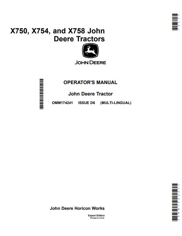 JOHN DEERE X750, X754, AND X758 TRACTOR OPERATOR MANUAL OMM174241