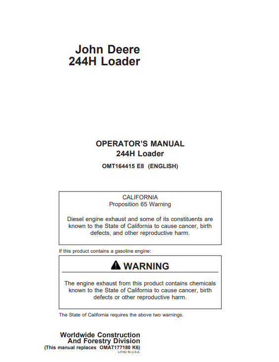 JOHN DEERE 244H LOADER OPERATOR MANUAL OMT164415