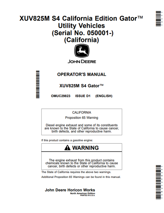 JOHN DEERE XUV825M S4 CALIFORNIA EDITION GATOR™ UTILITY VEHICLES OPERATOR MANUAL OMUC29823