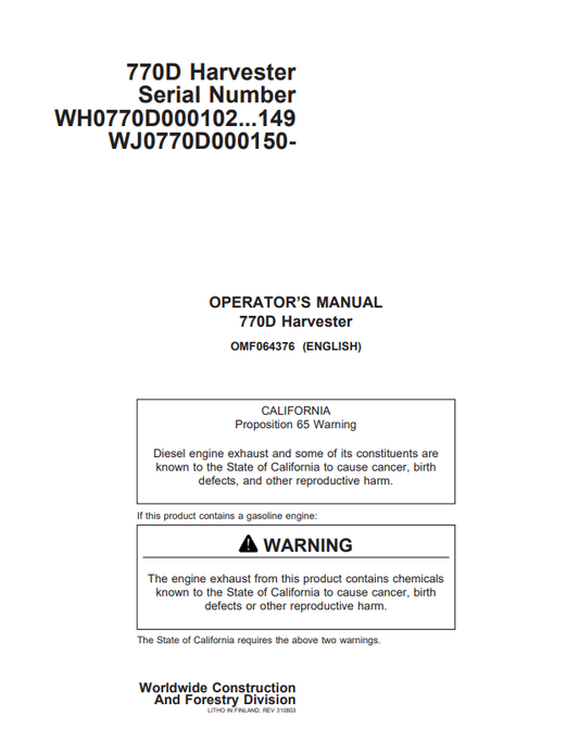 JOHN DEERE 770D HARVESTER OPERATOR MANUAL OMF064376