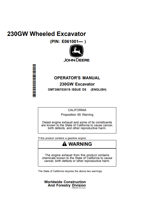 JOHN DEERE 230GW EXCAVATOR OPERATOR MANUAL OMT356703X19