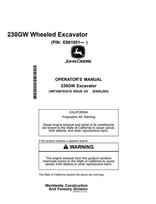 JOHN DEERE 230GW EXCAVATOR OPERATOR MANUAL OMT356703X19