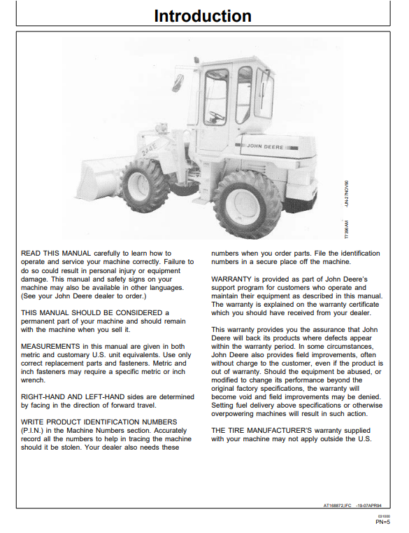 JOHN DEERE 244E LOADER OPERATOR MANUAL OMAT168872