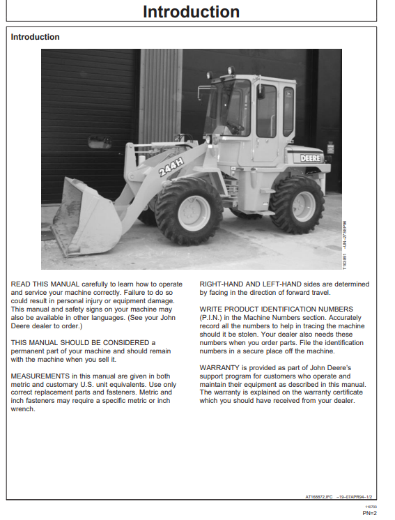 JOHN DEERE 244H LOADER OPERATOR MANUAL OMT164415