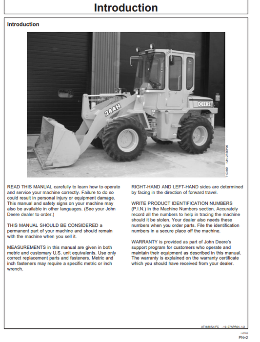 JOHN DEERE 244H LOADER OPERATOR MANUAL OMT164415