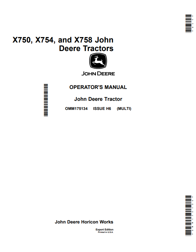 JOHN DEERE X750, X754, AND X758 TRACTOR OPERATOR MANUAL OMM175134
