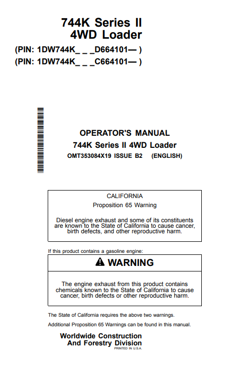 JOHN DEERE 744K SERIES II 4WD LOADER OPERATOR MANUAL OMT353084X19