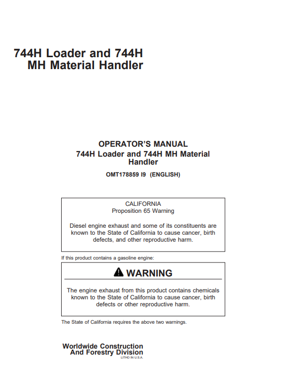 JOHN DEERE 744H AND 744H MH MATERIAL HANDLER LOADER OPERATOR MANUAL OMT178859