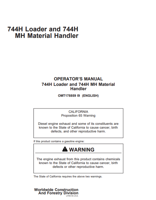 JOHN DEERE 744H AND 744H MH MATERIAL HANDLER LOADER OPERATOR MANUAL OMT178859