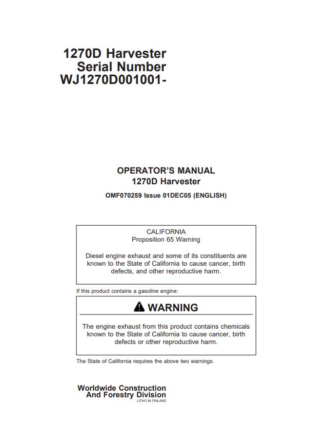 JOHN DEERE 1270D HARVESTER OPERATOR MANUAL OMF070259