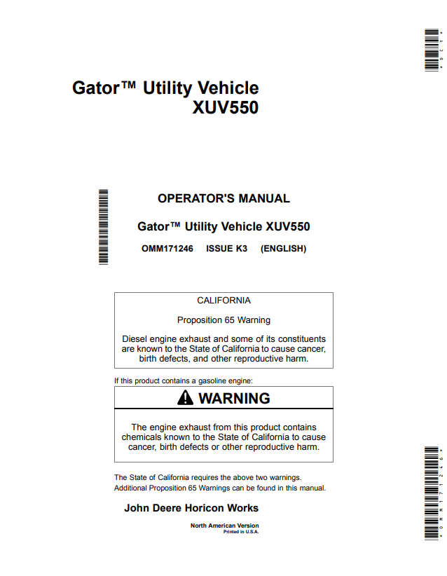 JOHN DEERE GATOR™ UTILITY VEHICLE XUV550 OPERATOR MANUAL OMM171246