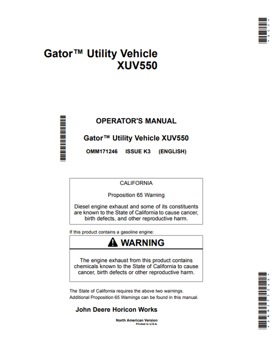 JOHN DEERE GATOR™ UTILITY VEHICLE XUV550 OPERATOR MANUAL OMM171246