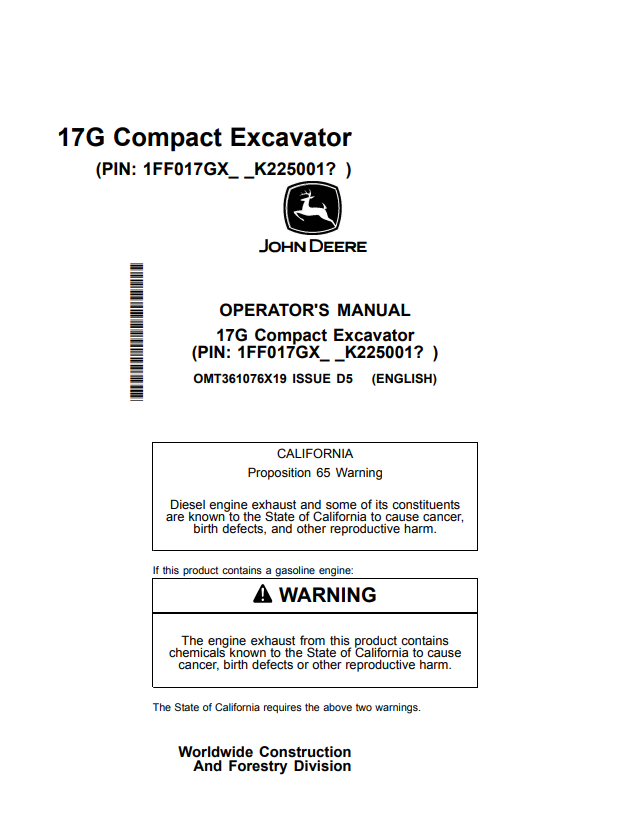 JOHN DEERE 17G COMPACT EXCAVATOR OPERATOR MANUAL OMT361076X19