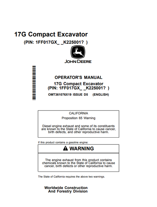 JOHN DEERE 17G COMPACT EXCAVATOR OPERATOR MANUAL OMT361076X19