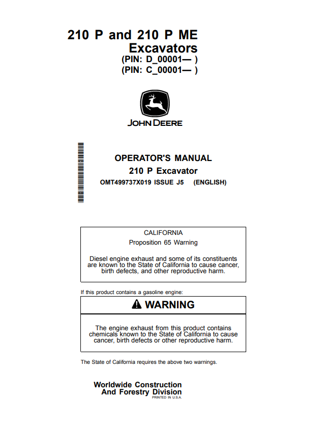 JOHN DEERE 160 P EXCAVATOR OPERATOR MANUAL OMT499737X019