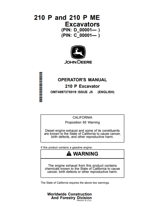 JOHN DEERE 160 P EXCAVATOR OPERATOR MANUAL OMT499737X019