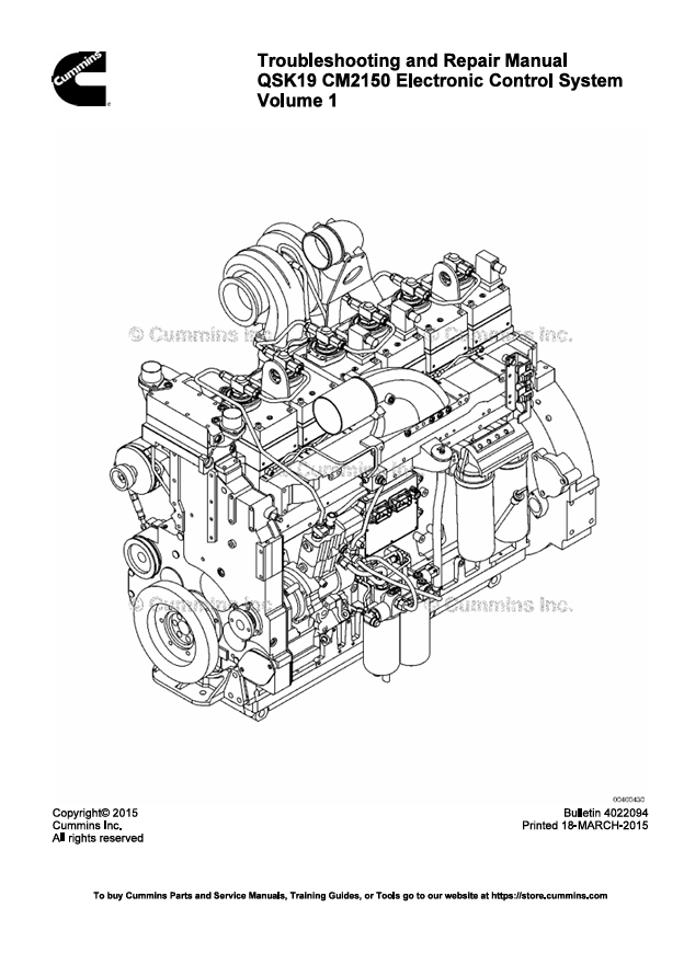 JOHN DEERE CUMMIN ENGINE QSK19 CM2150 4022094-VOL1 REPAIR MANUAL