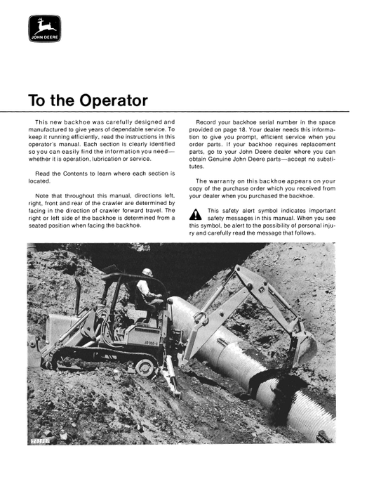 JOHN DEERE 9300 BACKHOE OPERATOR MANUAL OMT42370