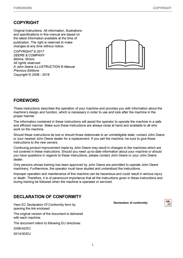 JOHN DEERE 1270E TIER 2 (IT4- PLATFORM) CTL HARVESTER OPERATOR INSTRUCTION MANUAL F677498
