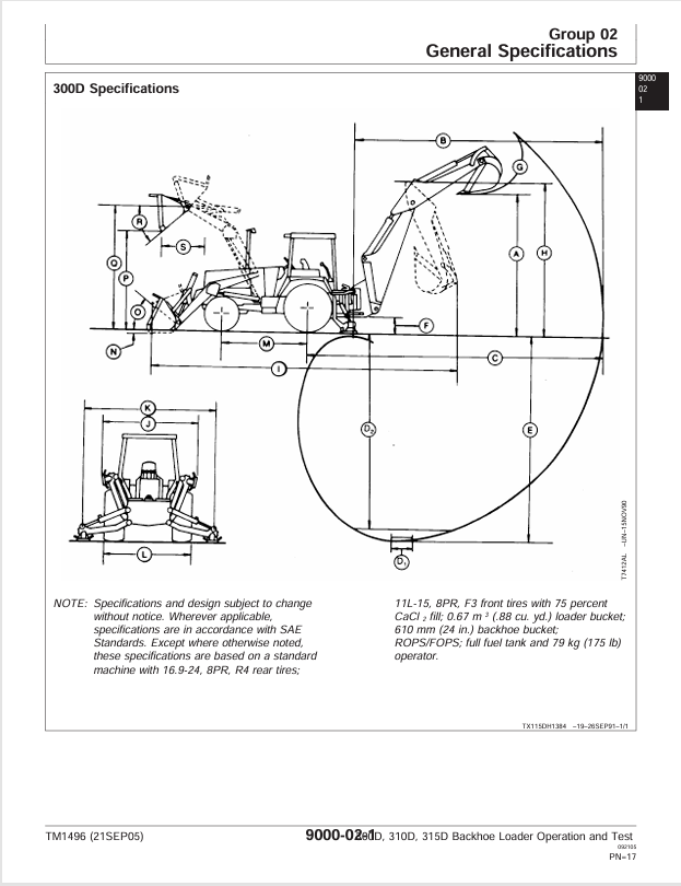 JOHN DEERE 300D, 310D BACKHOE 315D SIDE SHIFT LOADER OPERATION AND TEST TECHNICAL MANUAL TM1496