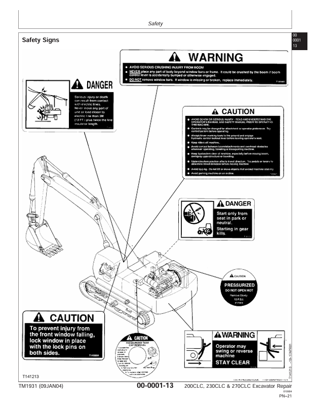 JOHN DEERE 200CLC, 230CLC AND 270CLC EXCAVATOR REPAIR TECHNICAL MANUAL TM1931