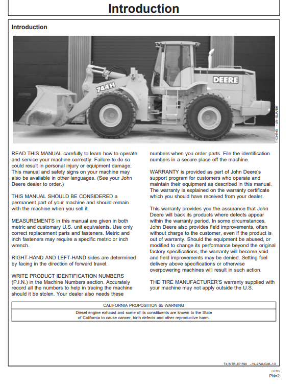 JOHN DEERE 744H AND 744H MH MATERIAL HANDLER LOADER OPERATOR MANUAL OMT178859