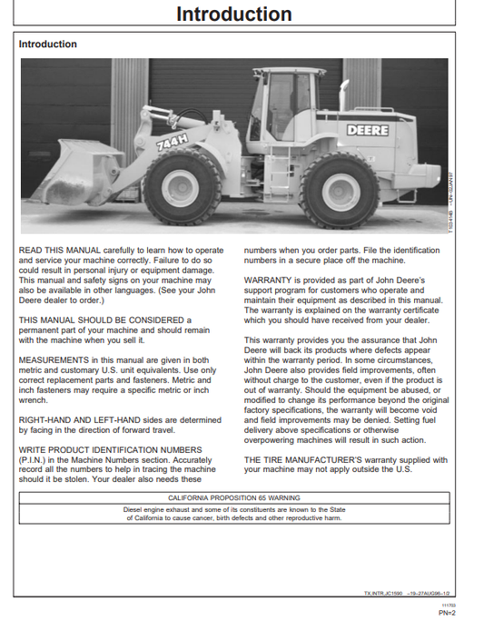 JOHN DEERE 744H AND 744H MH MATERIAL HANDLER LOADER OPERATOR MANUAL OMT178859