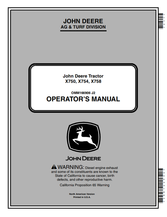 JOHN DEERE X750, X754, X758 TRACTOR OPERATOR MANUAL OMM166906