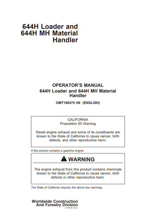 JOHN DEERE 644H LOADER AND 644H MH MATERIAL HANDLER OPERATOR MANUAL OMT180475