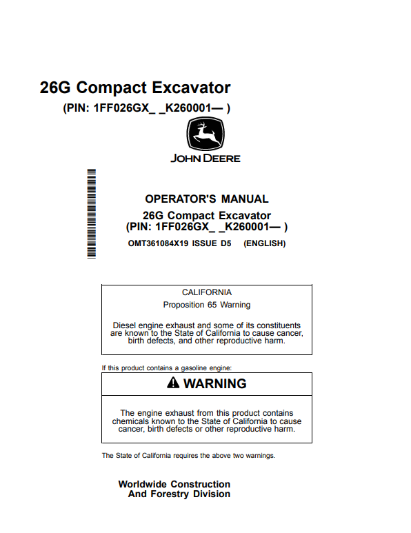 JOHN DEERE 26G COMPACT EXCAVATOR OPERATOR MANUAL OMT361084X19