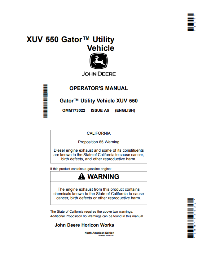 JOHN DEERE XUV 550 GATOR™ UTILITY VEHICLE OPERATOR MANUAL OMM173022